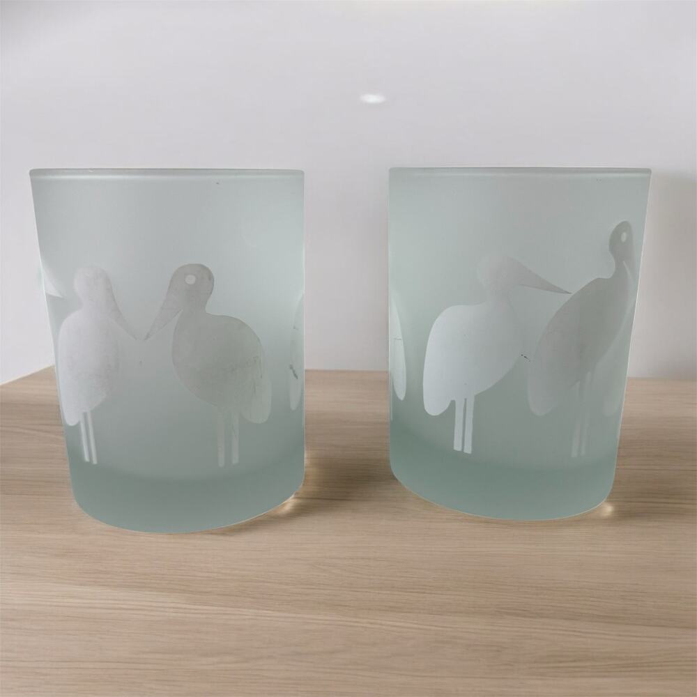 Georges Briard Set 2 Frosted Glass Crane Bird Lowball Barware Glasses Drink READ